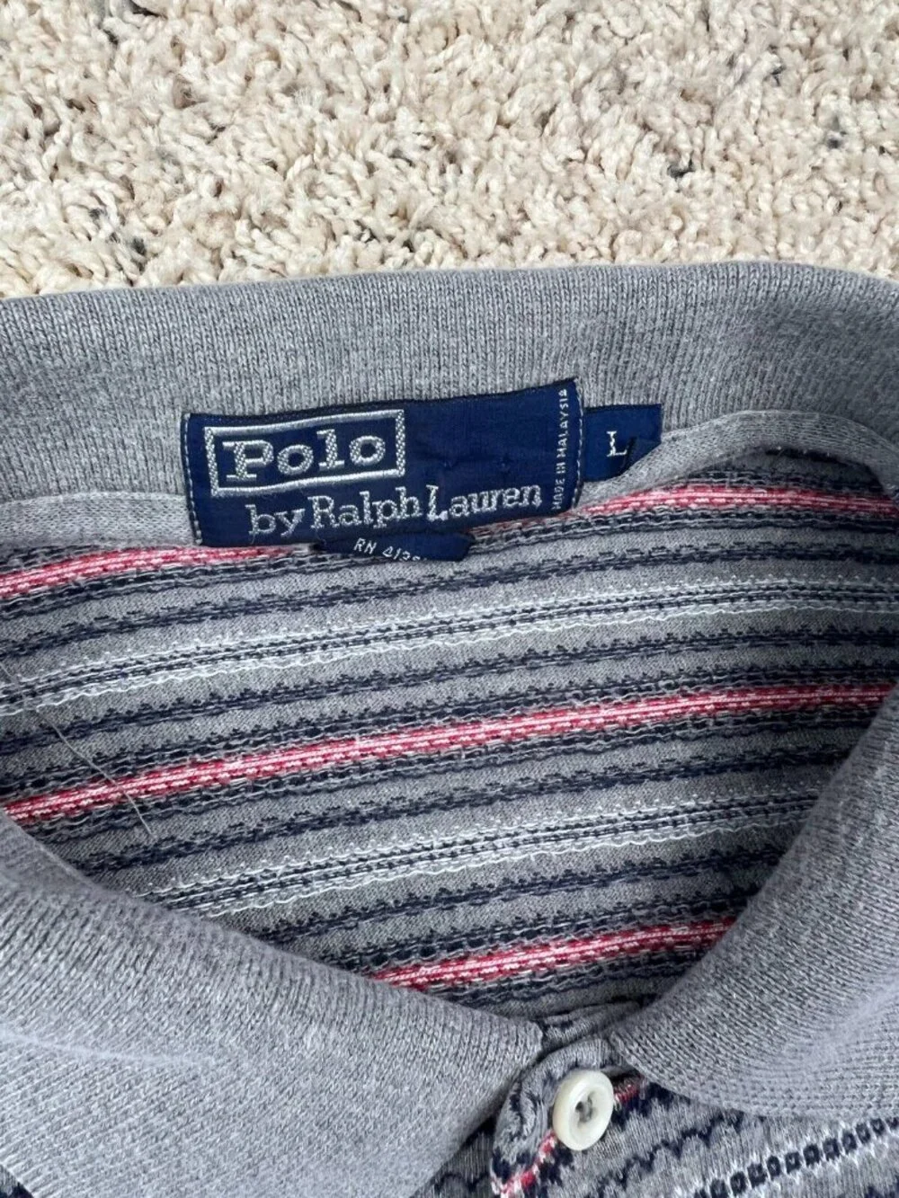 Polo Ralph Lauren Polo Shirt Mens Large L Short Sleeve Gray Red Geometric Print